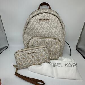 Michael Kors Jaycee Medium Vanilla Backpack and Wallet Gold Studded Pyramid